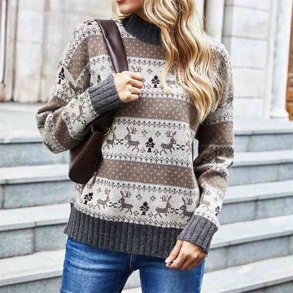 autumn vintage turtleneck sweater womens winter christmas knit female snowflake jacquard pullover knitting jumper 210508, Black